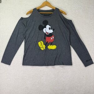 Disney Mickey Mouse Gray Cold‎ Shoulder Long Sleeve Graphic Top